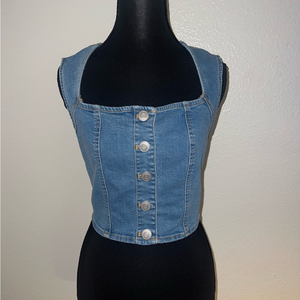 Avec Les Filles Blue Denim Crop Top